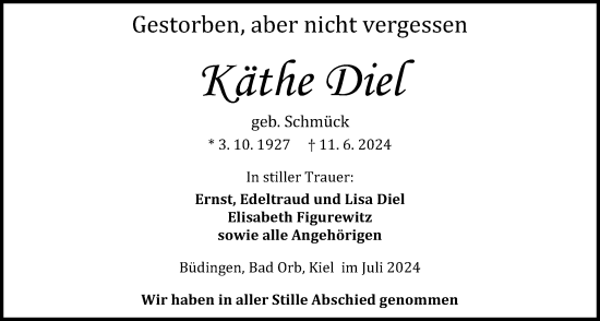 Traueranzeige von Käthe Diel von Kreis-Anzeiger