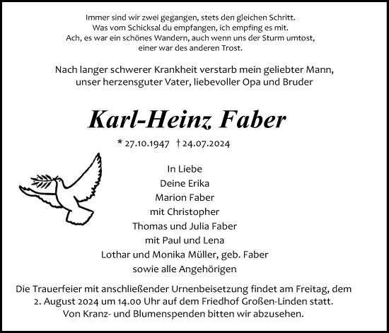 Traueranzeige von Karl-Heinz Faber von Giessener Allgemeine, Alsfelder Allgemeine, Giessener Anzeiger