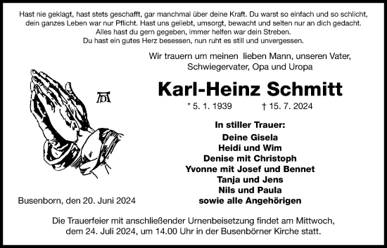 Traueranzeige von Karl-Heinz Schmitt von Kreis-Anzeiger