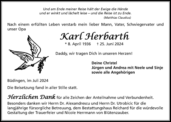 Traueranzeige von Karl Herbarth von Kreis-Anzeiger