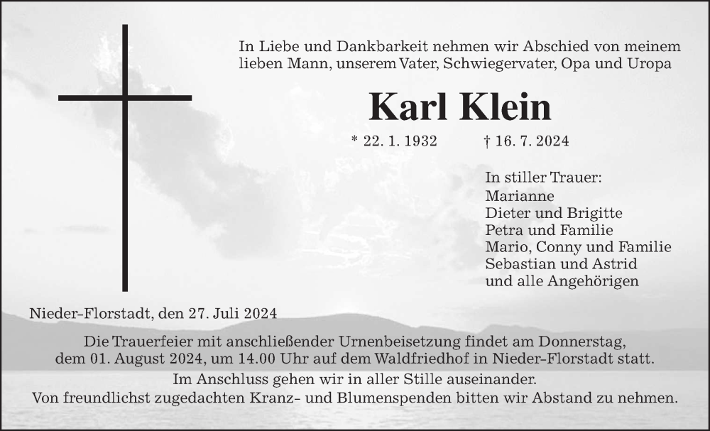  Traueranzeige für Karl Klein vom 27.07.2024 aus Wetterauer Zeitung