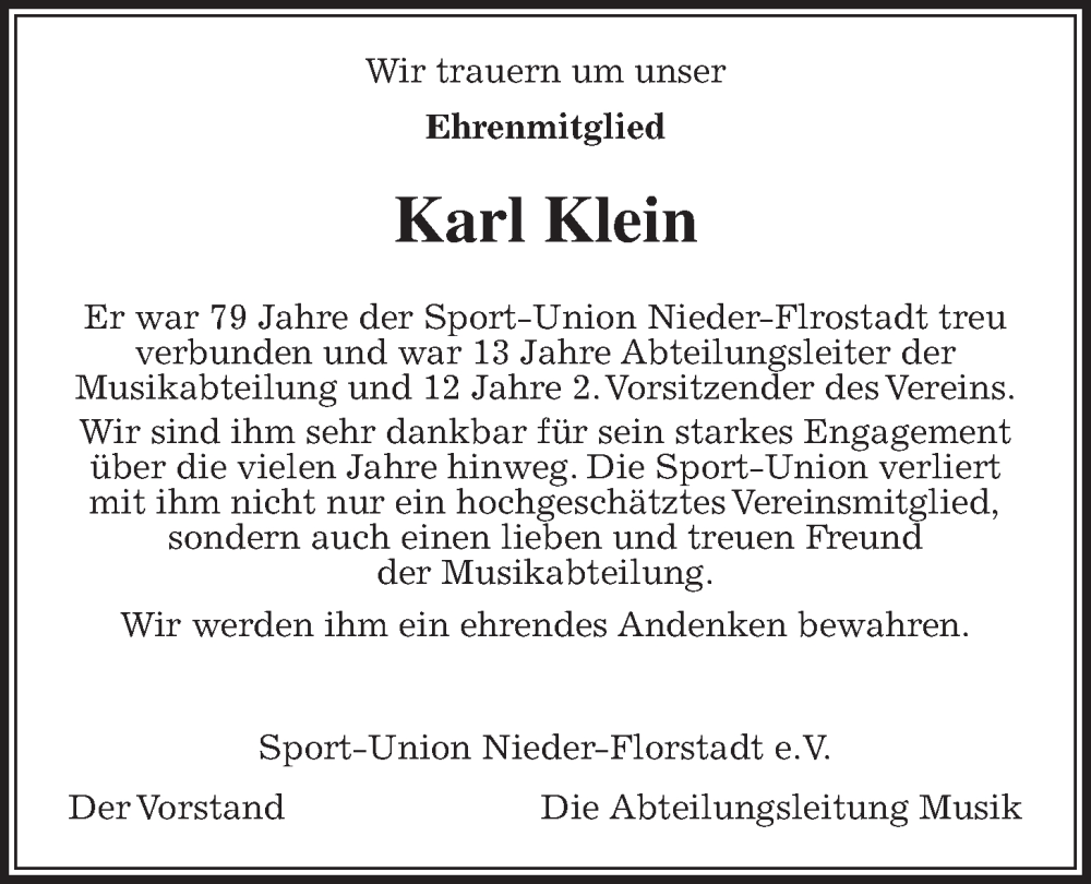  Traueranzeige für Karl Klein vom 27.07.2024 aus Wetterauer Zeitung