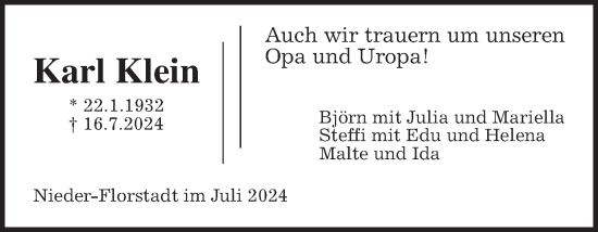 Traueranzeige von Karl Klein von Wetterauer Zeitung