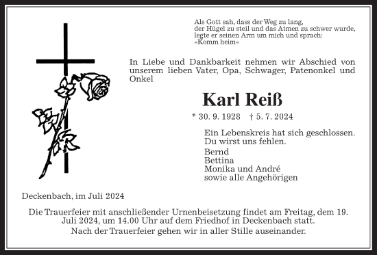 Traueranzeige von Karl Reiß von Giessener Allgemeine, Alsfelder Allgemeine