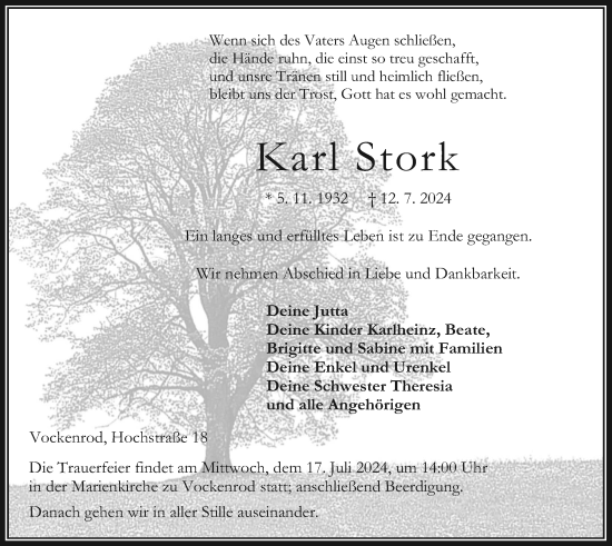 Traueranzeige von Karl Stork von Oberhessische Zeitung