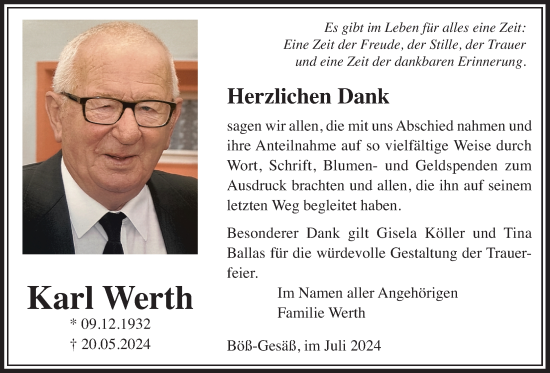 Traueranzeige von Karl Werth von Kreis-Anzeiger