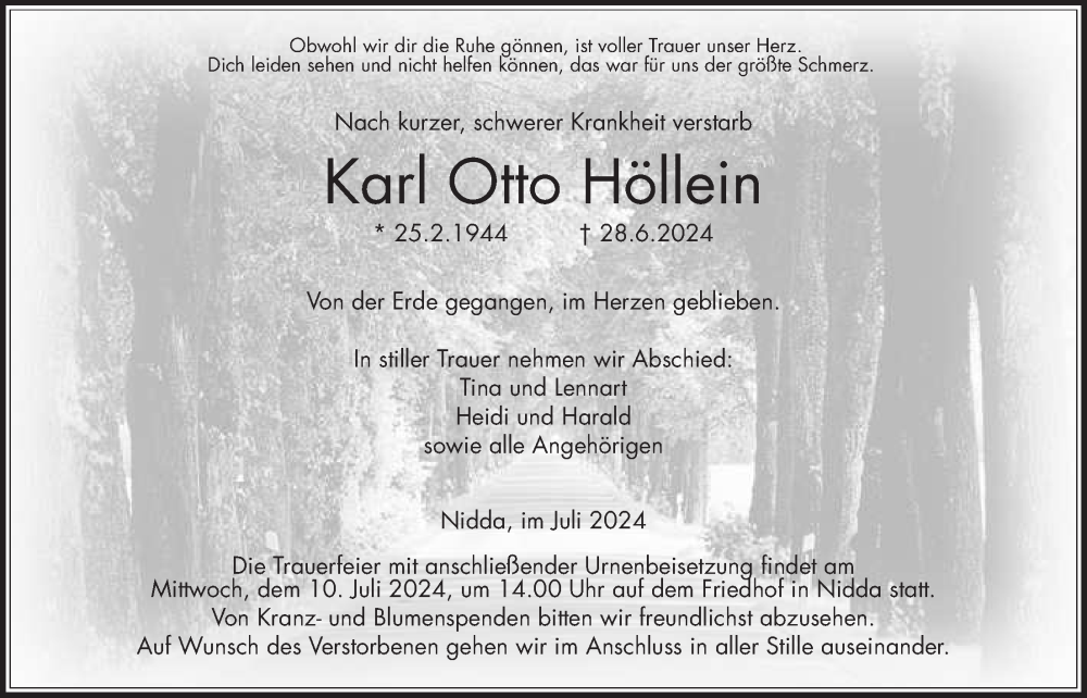  Traueranzeige für Karl Otto Höllein vom 06.07.2024 aus Kreis-Anzeiger