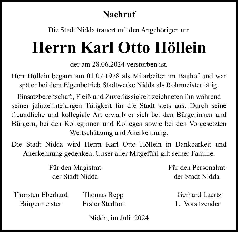  Traueranzeige für Karl Otto Höllein vom 06.07.2024 aus Kreis-Anzeiger