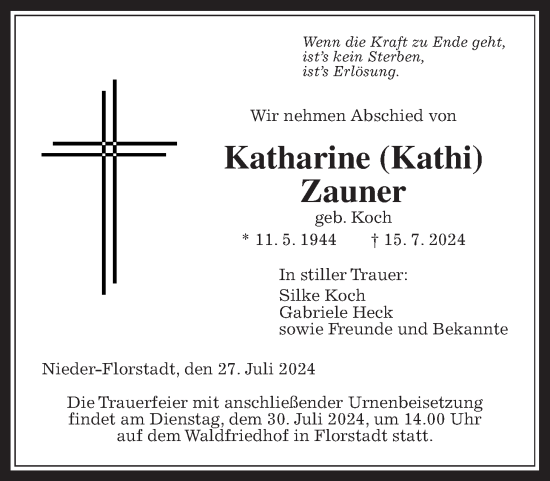 Traueranzeige von Katharine Zauner von Wetterauer Zeitung