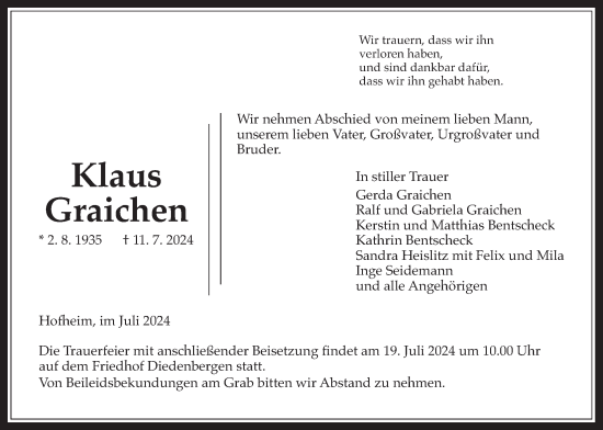 Traueranzeige von Klaus Graichen 