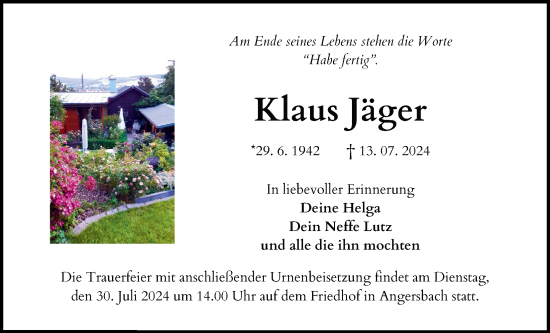 Traueranzeige von Klaus Jäger von Lauterbacher Anzeiger