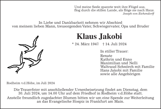 Traueranzeige von Klaus Jakobi von Wetterauer Zeitung