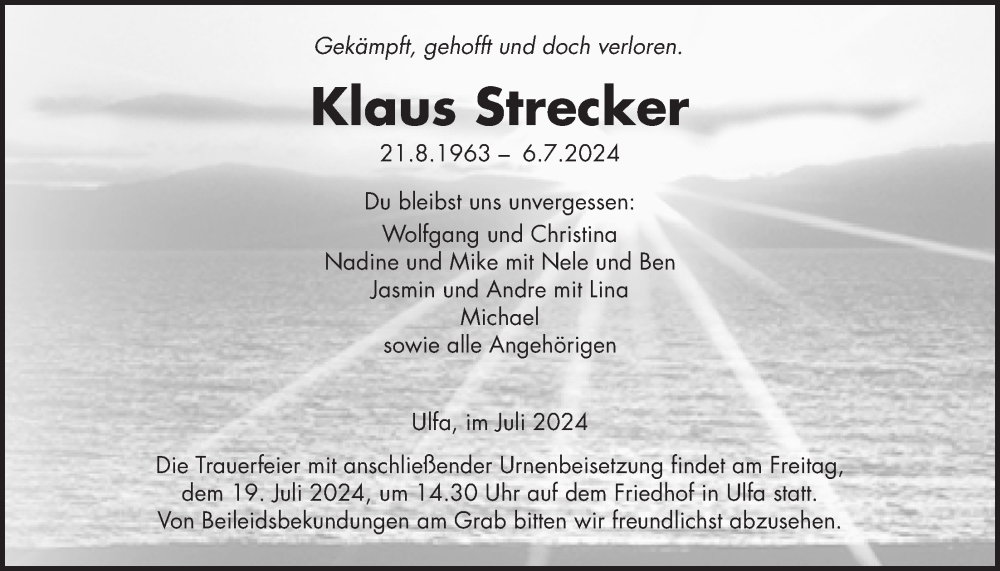  Traueranzeige für Klaus Strecker vom 13.07.2024 aus Kreis-Anzeiger