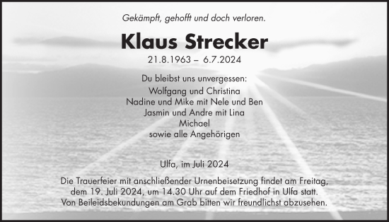 Traueranzeige von Klaus Strecker von Kreis-Anzeiger