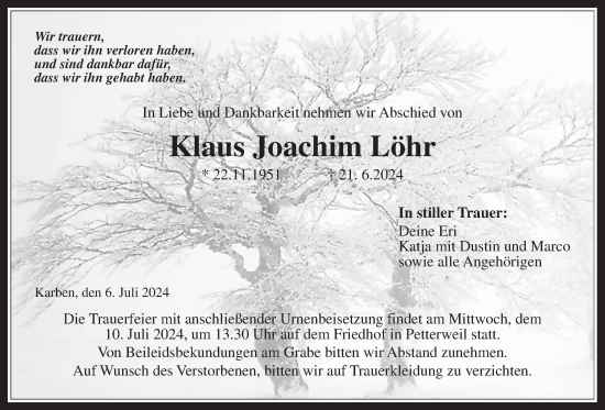 Traueranzeige von Klaus Joachim Löhr von Wetterauer Zeitung