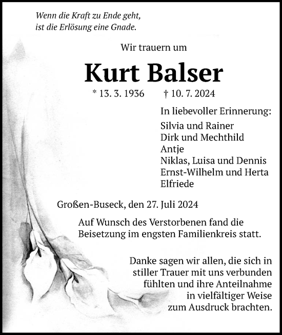 Traueranzeige von Kurt Balser von Giessener Allgemeine, Alsfelder Allgemeine