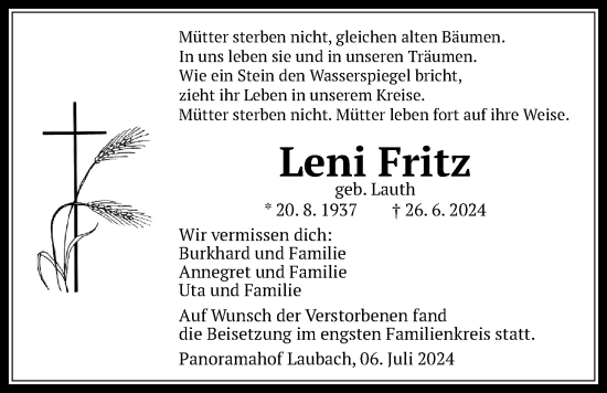 Traueranzeige von Leni Fritz von Giessener Allgemeine, Alsfelder Allgemeine, Laubacher Anzeiger