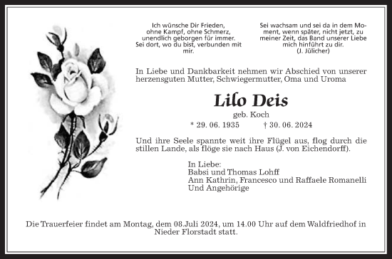 Traueranzeige von Lilo Deis von Wetterauer Zeitung