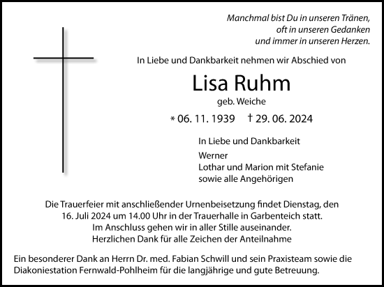 Traueranzeige von Lisa Ruhm von Giessener Allgemeine, Alsfelder Allgemeine, Pohlheimer Nachrichten