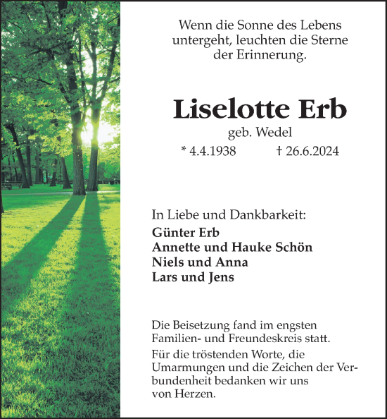 Traueranzeige von Liselotte Erb von Licher Wochenblatt