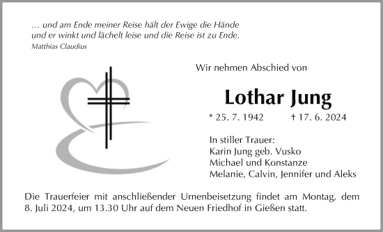 Traueranzeige von Lothar Jung von Giessener Allgemeine, Alsfelder Allgemeine, Giessener Anzeiger