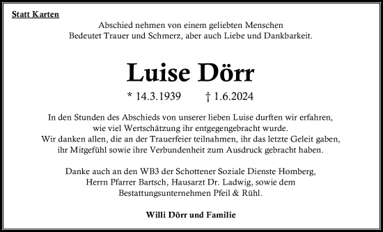 Traueranzeige von Luise Dörr von Alsfelder Allgemeine, Oberhessische Zeitung, 