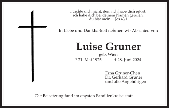 Traueranzeige von Luise Gruner von Bad Vilbel/Karben