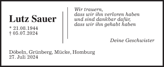 Traueranzeige von Lutz Sauer von Giessener Allgemeine, Alsfelder Allgemeine