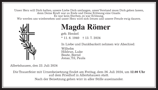Traueranzeige von Magda Römer von Alsfelder Allgemeine, Giessener Allgemeine