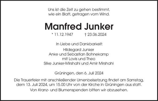 Traueranzeige von Manfred Junker von Giessener Allgemeine, Alsfelder Allgemeine, Giessener Anzeiger