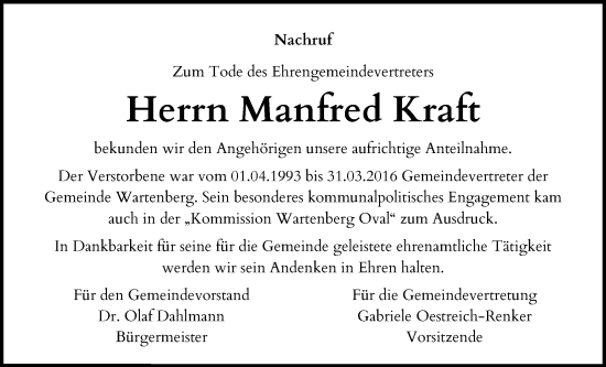 Traueranzeige von Manfred Kraft von Lauterbacher Anzeiger