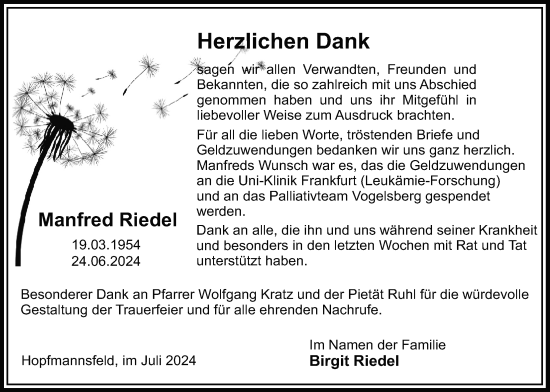 Traueranzeige von Manfred Riedel von Lauterbacher Anzeiger