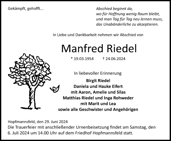 Traueranzeige von Manfred Riedel von Lauterbacher Anzeiger, 