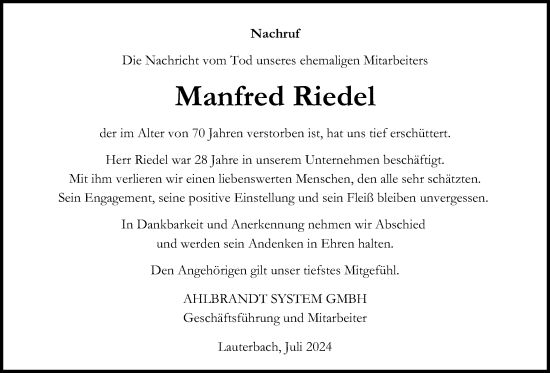 Traueranzeige von Manfred Riedel von Lauterbacher Anzeiger