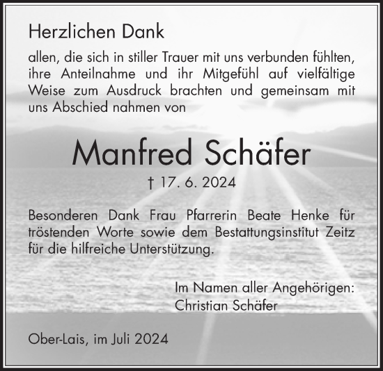 Traueranzeige von Manfred Schäfer von Kreis-Anzeiger