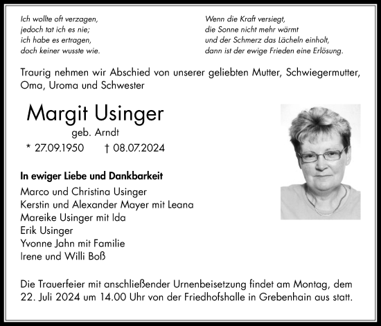 Traueranzeige von Margit Usinger von Lauterbacher Anzeiger