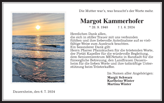 Traueranzeige von Margot Kammerhofer von Wetterauer Zeitung, Kreis-Anzeiger