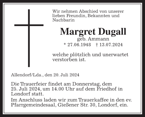 Traueranzeige von Margret Dugall von Giessener Allgemeine, Alsfelder Allgemeine, Giessener Anzeiger