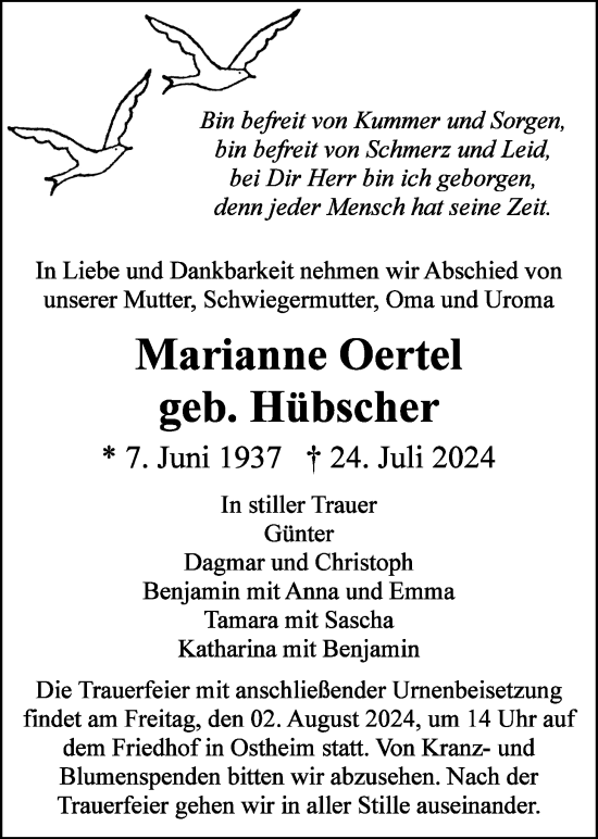 Traueranzeige von Marianne Oertel von Butzbacher Zeitung
