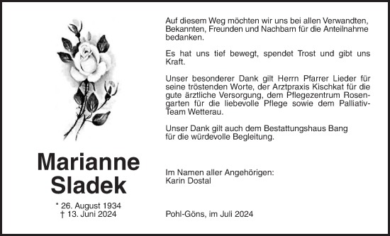 Traueranzeige von Marianne Sladek von Butzbacher Zeitung