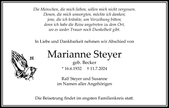 Traueranzeige von Marianne Steyer von Bad Vilbel/Karben