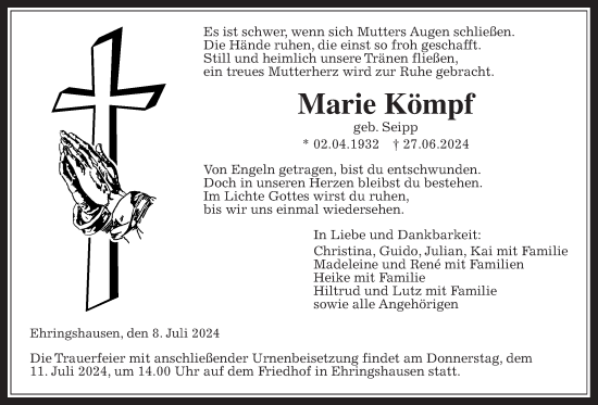 Traueranzeige von Marie Kömpf von Oberhessische Zeitung, Alsfelder Allgemeine