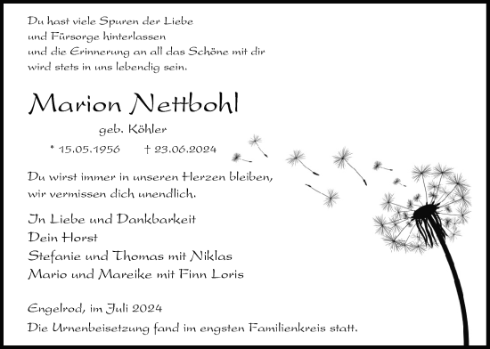 Traueranzeige von Marion Nettbohl von Lauterbacher Anzeiger