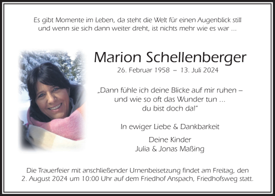Traueranzeige von Marion Schellenberger von Usinger Anzeiger, Usinger Anzeigenblatt