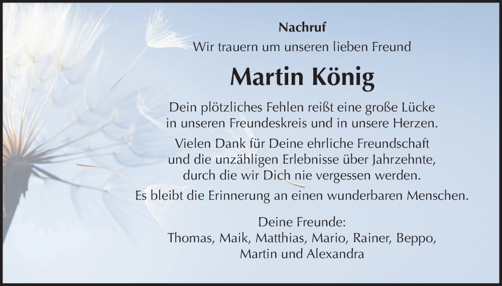  Traueranzeige für Martin König vom 03.07.2024 aus Oberhessische Zeitung