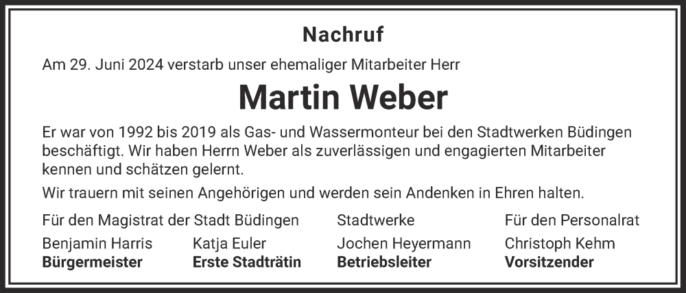  Traueranzeige für Martin Weber vom 13.07.2024 aus Kreis-Anzeiger