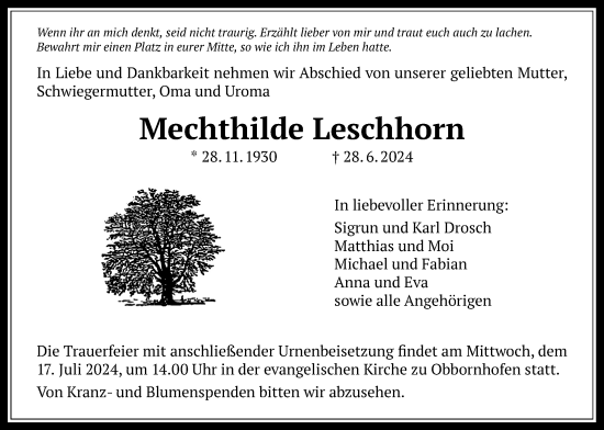 Traueranzeige von Mechthilde Leschhorn von Licher Wochenblatt