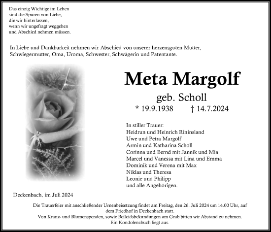 Traueranzeige von Meta Margolf von Alsfelder Allgemeine, Giessener Allgemeine