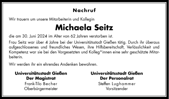 Traueranzeige von Michaela Seitz von Giessener Allgemeine, Alsfelder Allgemeine, Giessener Anzeiger