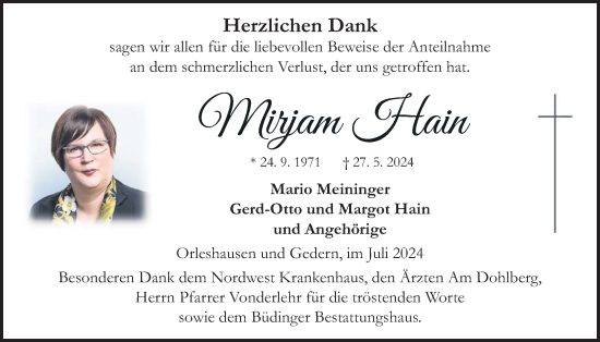 Traueranzeige von Mirjam Hain von Kreis-Anzeiger